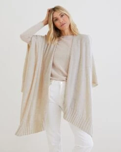The Luxy Wrap 26 The Luxy Wrap -Mersea Sales Store womens beige cashmere super soft drapy travel wrap wide rib detailed hemline front view drape 1