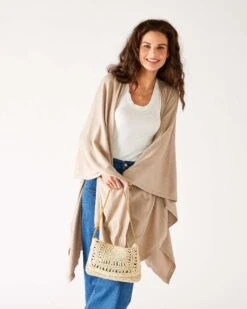 Charleston Travel Wrap -Mersea Sales Store womens beige tan heathered cashmere lightweight travel wrap draped front view
