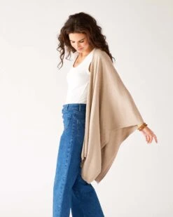 Charleston Travel Wrap -Mersea Sales Store womens beige tan heathered cashmere lightweight travel wrap draped side view