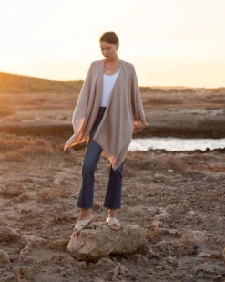 Charleston Travel Wrap -Mersea Sales Store womens beige tan heathered cashmere lightweight travel wrap flowing front view travel destination look