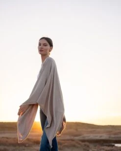 Charleston Travel Wrap -Mersea Sales Store womens beige tan heathered cashmere lightweight travel wrap flowing side view travel destination look