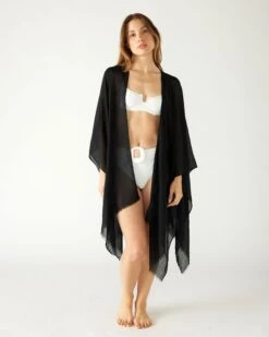 Nellie Wrap -Mersea Sales Store womens black breathable lightweight fringe hem multi functional nellie travel wrap cover up