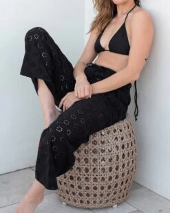 Daisy Eyelet Coverup Pant 14 Daisy Eyelet Coverup Pant -Mersea Sales Store womens black eyelet coverup pant side view lounging