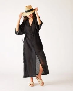Breezy Kaftan Dress -Mersea Sales Store womens black lightweight breathable cinch waist front slit wide elbow length sleeves breezy kaftan dress front view