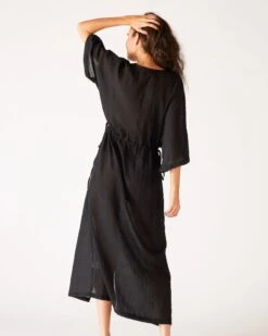 Breezy Kaftan Dress -Mersea Sales Store womens black lightweight breathable cinch waist front slit wide elbow length sleeves breezy kaftan dress rear view