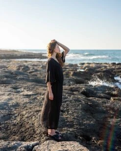 Breezy Kaftan Dress -Mersea Sales Store womens black lightweight breathable cinch waist front slit wide elbow length sleeves breezy kaftan dress travel destination look