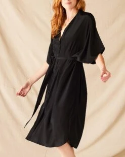 Mallorca Kaftan Dress 23 Mallorca Kaftan Dress -Mersea Sales Store womens black mallorca kaftan dress and coverup with button up front sleeveless drop shoulder and removable self belt front view