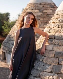 Passport Maxi Dress -Mersea Sales Store womens black maxi dress chest view travel