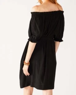 Ibiza Dress -Mersea Sales Store womens black ruffled shoulder midi dress rear view