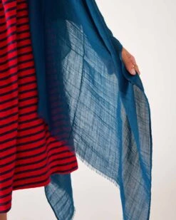 Nellie Wrap -Mersea Sales Store womens blue breathable lightweight fringe hem multi functional nellie travel wrap close up