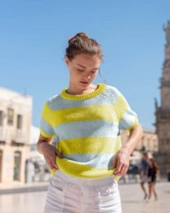 Amalfi Cap Sleeve Sweater -Mersea Sales Store womens blue green short sleeve sweater chest view summer look