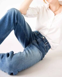 Ellis Boyfriend Jean -Mersea Sales Store womens blue medium dark wash boyfriend straight leg jeans sitting bent knee