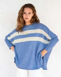 Catalina Sweater -Mersea Sales Store womens blue white striped crewneck sweater oversized chest view