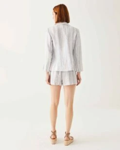 Como Linen Blazer -Mersea Sales Store womens blue white striped tailored long sleeved linen blazer with v neck notched lapel princess seams and front flap pockets rear view