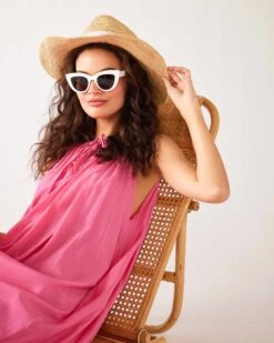 Patio Dress 36 Patio Dress -Mersea Sales Store womens bright pink loose fit pullover maxi dress chest view pool look
