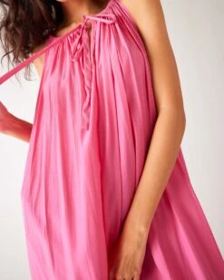 Patio Dress 32 Patio Dress -Mersea Sales Store womens bright pink loose fit pullover maxi dress front view close up neck line detail