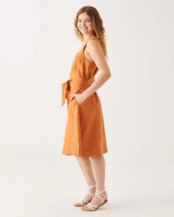 Jolie Linen Sundress 22 Jolie Linen Sundress -Mersea Sales Store womens clay summer lightweight above the knee linen sleeveless A line sundress with self belt trapunto stitch bra friendly straps and side seem pockets side view