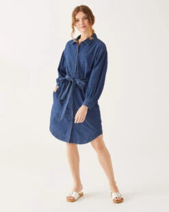 Frankie Chambray Shirt Dress 10 Frankie Chambray Shirt Dress -Mersea Sales Store womens cotton lightweight frankie chambray shirt dress with front patch and side seem pockets button down placket and cuffs front view