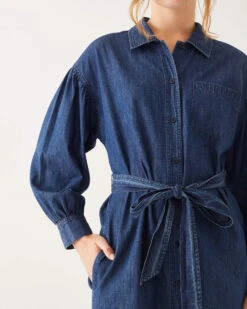 Frankie Chambray Shirt Dress 13 Frankie Chambray Shirt Dress -Mersea Sales Store womens cotton lightweight frankie chambray shirt dress with front patch and side seem pockets button down placket and cuffs self belt detail