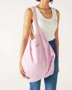 MerSea - Gemini Reversible Tote - Cabana Yellow (Add-On) -Mersea Sales Store womens cotton yellow striped solid pink reversible gemini beach tote with twill tie closure and interior slip pocket exterior solid side