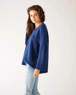 Montauk V-neck Sweater 30 Montauk V-neck Sweater -Mersea Sales Store womens dark blue midweight loose fitting v neck sweater side view