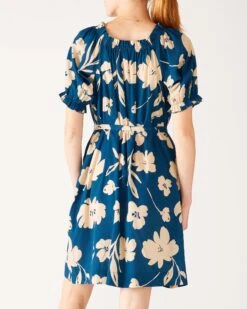 Ibiza Dress -Mersea Sales Store womens floral navy blue ruffled shoulder midi dress rear view