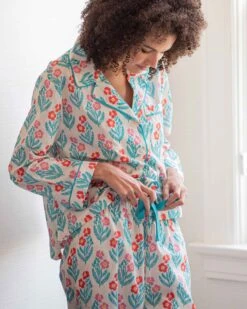 Over The Cotton Moon Pajama Set - Block Print Poppy -Mersea Sales Store womens flower poppy print wide legged pajama set with pockets and ribbon tie side view