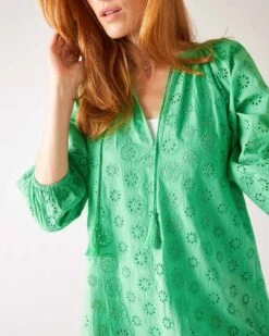 Daisy Eyelet Cover Up -Mersea Sales Store womens green eyelet coverup dress chest view vneck detail