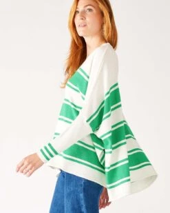 Catalina V-Neck Sweater -Mersea Sales Store womens green striped vneck sweater one size side view drape