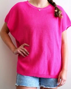 Camden Short Sleeve Sweater 36 Camden Short Sleeve Sweater -Mersea Sales Store womens hot pink short sleeve sweater buttons one size chest view