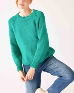 Amalfi Crewneck Pullover -Mersea Sales Store womens kelly green soft crewneck stitched sweater front view