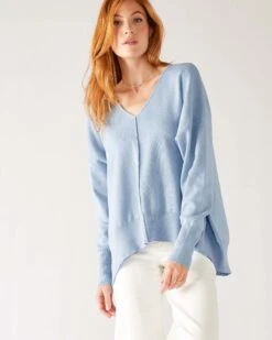 Toujours V-neck Sweater -Mersea Sales Store womens light blue everyday high low waist jersey knit pullover v neck troujour sweater front view