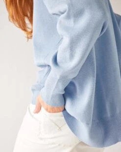 Toujours V-neck Sweater -Mersea Sales Store womens light blue everyday high low waist jersey knit pullover v neck troujour sweater side view waist detail