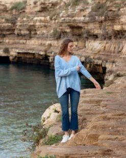 Toujours V-neck Sweater -Mersea Sales Store womens light blue everyday high low waist jersey knit pullover v neck troujour sweater travel destination look standing