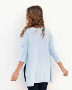 Catalina Polo Sweater -Mersea Sales Store womens light blue heathered white collared v neck polo sweater flowing rear view
