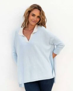 Catalina Polo Sweater -Mersea Sales Store womens light blue heathered white collared v neck polo sweater front view hands behind back