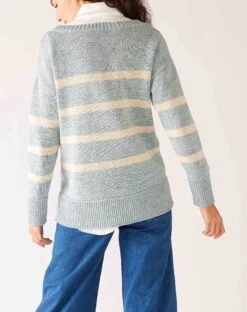 Seasider Boatneck Sweater -Mersea Sales Store womens light blue white striped heather lightwieght crewneck seasider sweater rear view