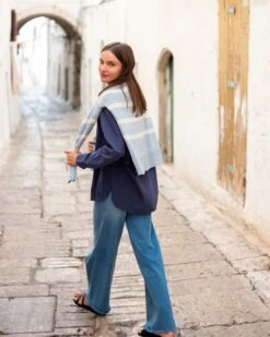 Seasider Boatneck Sweater -Mersea Sales Store womens light blue white striped heather lightwieght crewneck seasider sweater walking travel destination look