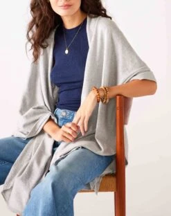 Charleston Travel Wrap -Mersea Sales Store womens light grey heathered cashmere lightweight travel wrap sitting front view