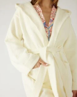 Goodnite Moon Hooded PJ Robe -Mersea Sales Store womens loungewear nylon white shawl collar patch pockets self belt goodnight moon pj robe self belt detail