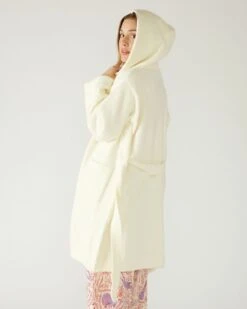 Goodnite Moon Hooded PJ Robe -Mersea Sales Store womens loungewear nylon white shawl collar patch pockets self belt goodnight moon pj robe side view with hood
