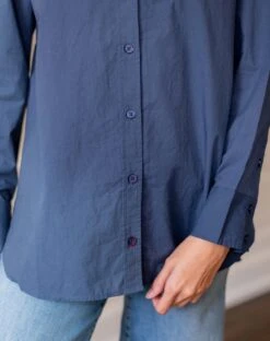 Brontë Relaxed Button Up Shirt -Mersea Sales Store womens navy blue breathable relaxed fit button up shirt close up front view detail buttons