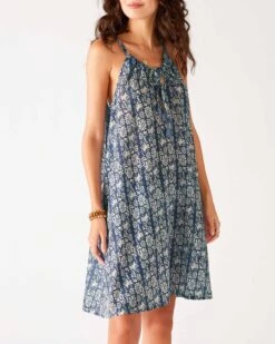 Light & Breezy Dress -Mersea Sales Store womens navy blue floral lightweight knee length patio drawstring light and breezy dress front view