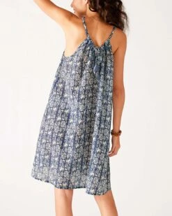 MerSea - Light & Breezy Dress - Tropical Navy (Add-On) 8 MerSea - Light & Breezy Dress - Tropical Navy (Add-On) -Mersea Sales Store womens navy blue floral lightweight knee length patio drawstring light and breezy dress rear view 1