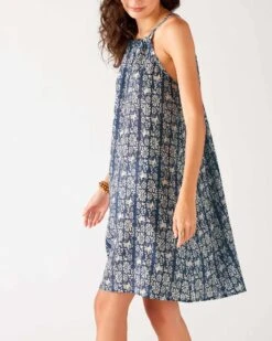 MerSea - Light & Breezy Dress - Tropical Navy (Add-On) 9 MerSea - Light & Breezy Dress - Tropical Navy (Add-On) -Mersea Sales Store womens navy blue floral lightweight knee length patio drawstring light and breezy dress side view 1