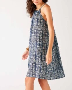 Light & Breezy Dress -Mersea Sales Store womens navy blue floral lightweight knee length patio drawstring light and breezy dress side view