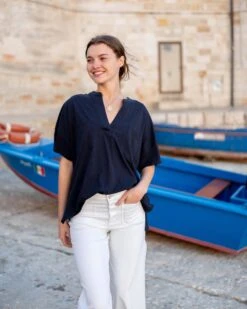 Amelia Short Sleeve Tee 39 Amelia Short Sleeve Tee -Mersea Sales Store womens navy short sleeve tee one size chest view travel boat