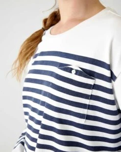 Boater Longsleeve Shirt -Mersea Sales Store womens navy striped heavy jersey knit crewneck tee shirt with small chest pocket detail