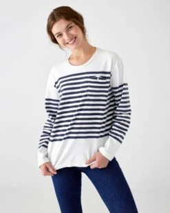Boater Longsleeve Shirt -Mersea Sales Store womens navy striped heavy jersey knit crewneck tee shirt with small chest pocket front view 3