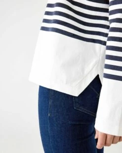 Boater Longsleeve Shirt -Mersea Sales Store womens navy striped heavy jersey knit crewneck tee shirt with small chest pocket hemline detail